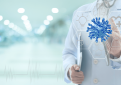 Blog header photo for Physician Health & Wellness in the Era of COVID-19: “If not now, when?” Photo depicts a Covid-19 particle, a glass writing board, and a physician.
