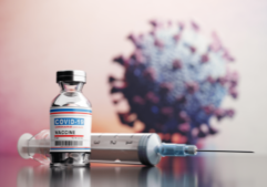 Blog header photo for Physician Health & Wellness in the Era of COVID-19: Better Days Ahead - the Rollout of Vaccines, depicting a Covid-19 vaccine in a bottle